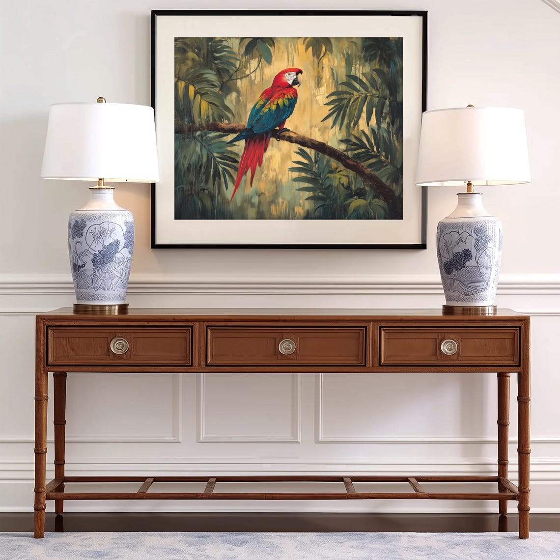 Scarlet Macaw in Lush Jungle Tropical Bird Oil Painting Poster - Image 2