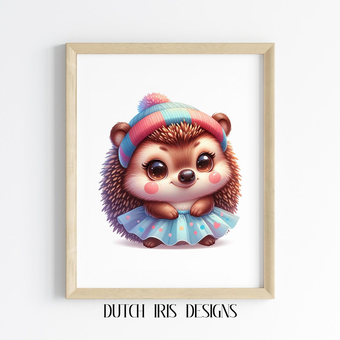 Baby Hedgehog In Striped Beanie And Polka Dot Skirt Nursery Art Poster