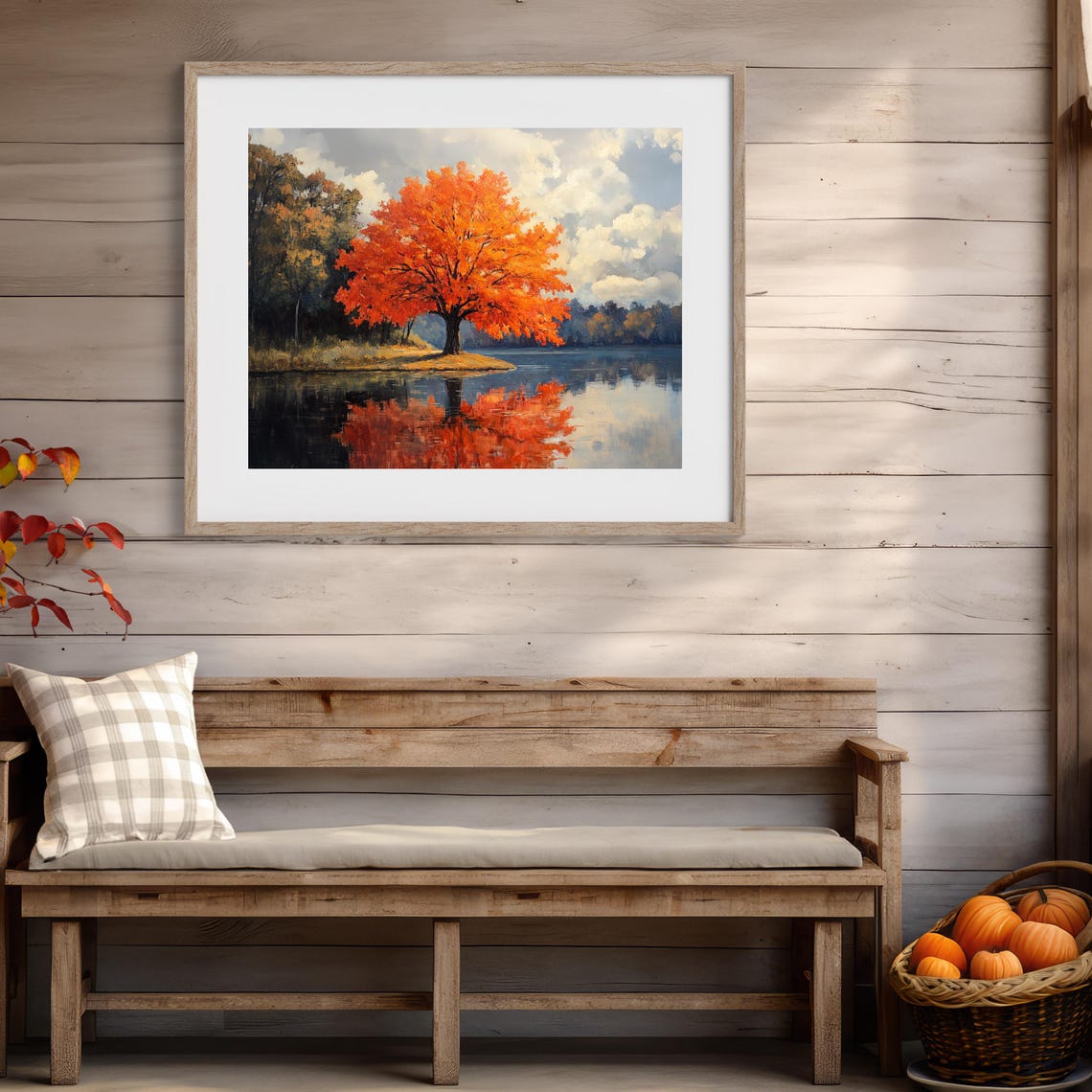 Autumn Maple Tree By Still Lake Mirror Reflection Landscape Poster - Image 3
