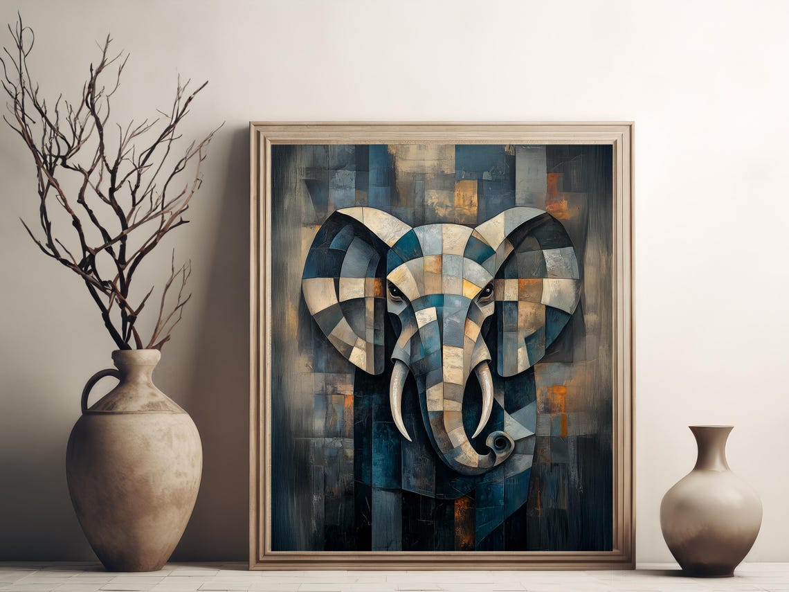 Abstract Elephant Wall Art Cubist Style Painting Rustic Modern Decor Artwork Geometric Animal Print 617 - Image 3