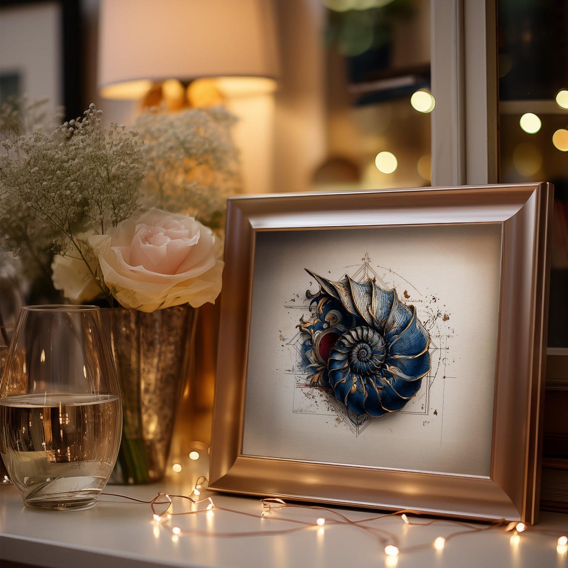 Blue Nautilus Shell With Gold Geometric Elegant Coastal Poster - Image 3