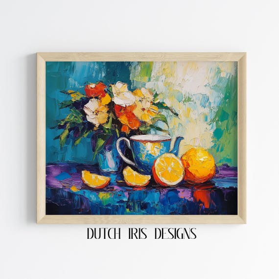 Vibrant Still Life Art Colorful Citrus And Teapot Painting Impasto Style Bold Kitchen Wall Decor 191