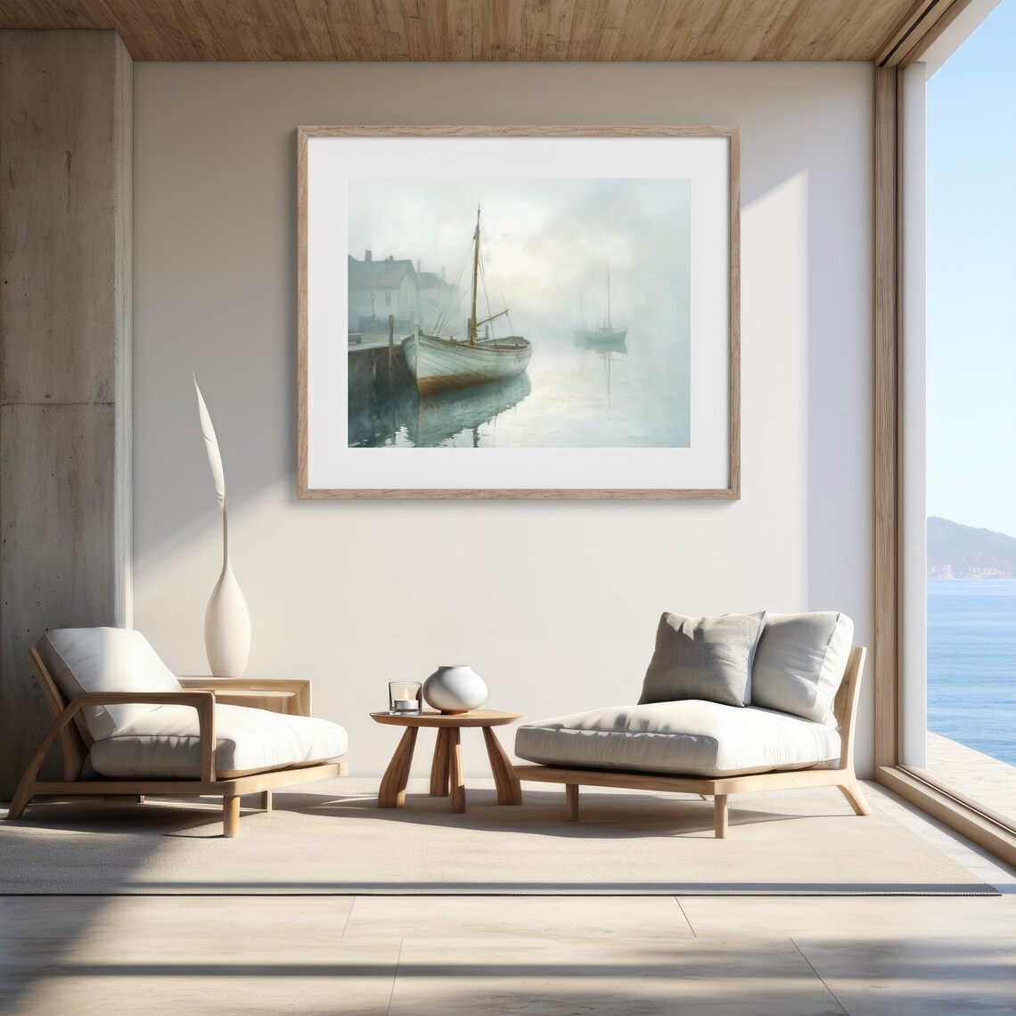 Misty Harbor Wooden Boats Moody Nautical Coastal Painting Poster - Image 2