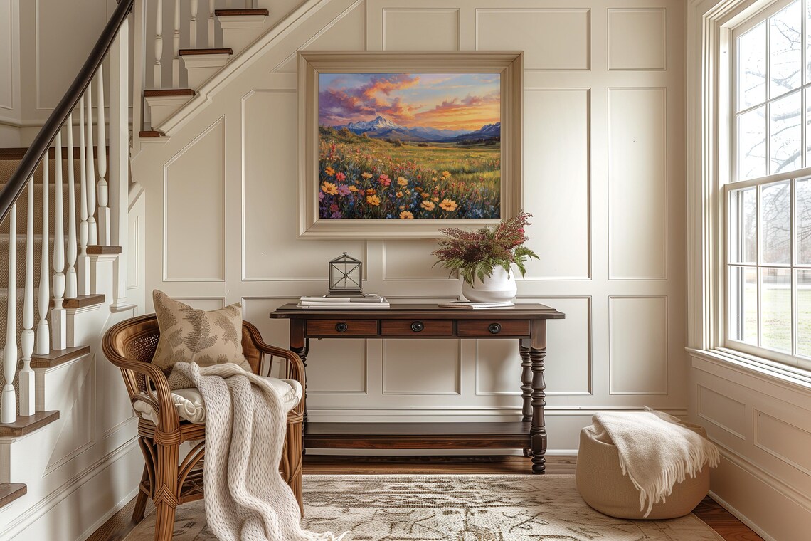 Wildflower Meadow At Sunrise With Snow Capped Mountain Peaks Poster - Image 2