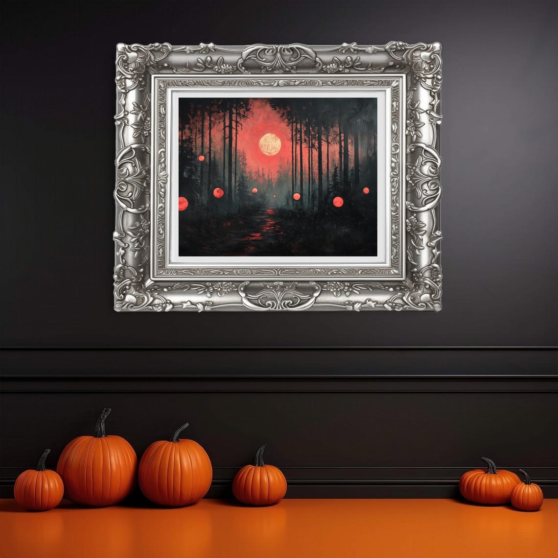 Mystic Forest with Glowing Red Orbs Under a Blood Red Full Moon Poster - Image 3