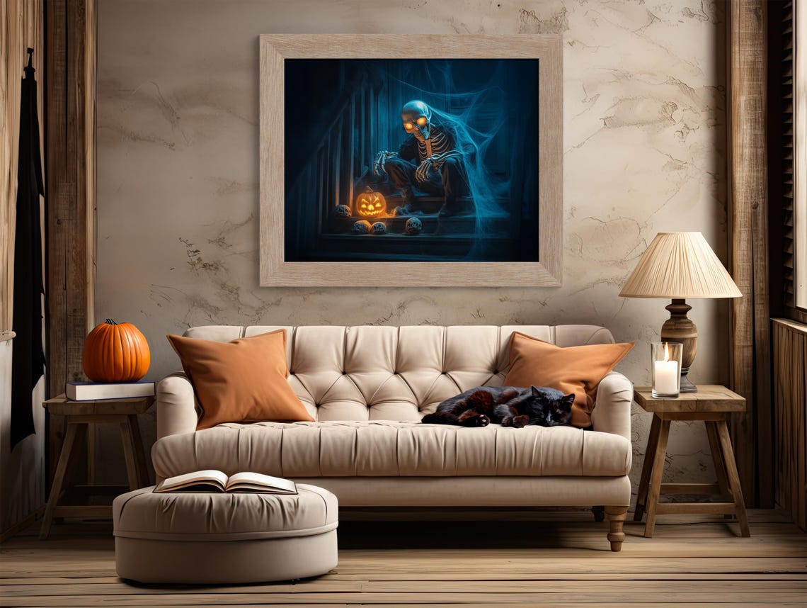 Skeleton Sitting on Dark Stairs with a Glowing Jack-o-Lantern Poster - Image 2