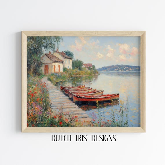 Tranquil Lakeside With Boats Impressionist Landscape Art Rustic Cottage Decor Serene Lake Scene Wall 580