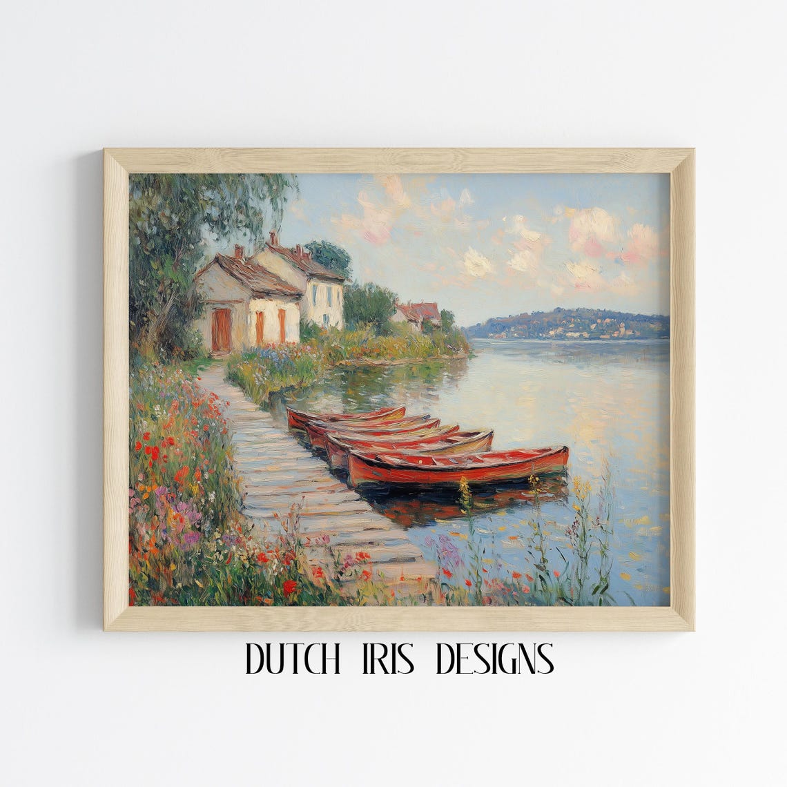 Tranquil Lakeside with Boats Impressionist Landscape Art Poster