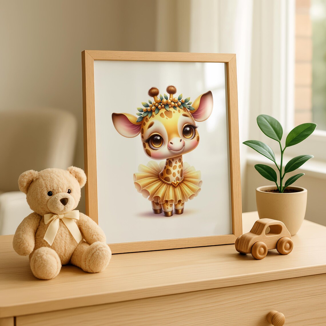 Sweet Baby Giraffe In Golden Tutu With Leaf Crown Nursery Art Poster - Image 3