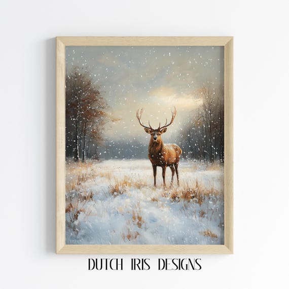 Majestic Stag In Snowy Forest Painting Winter Rustic Wall Art Enchanting Wildlife Decor Vintage Style Serenely Beautiful 133