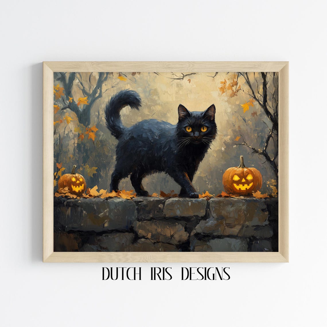 Black Cat On Stone Wall Between Two Jack O Lanterns Halloween Poster