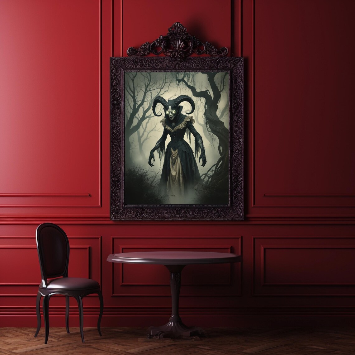 Horned Demon Woman In Misty Forest Dark Fantasy Halloween Poster - Image 2