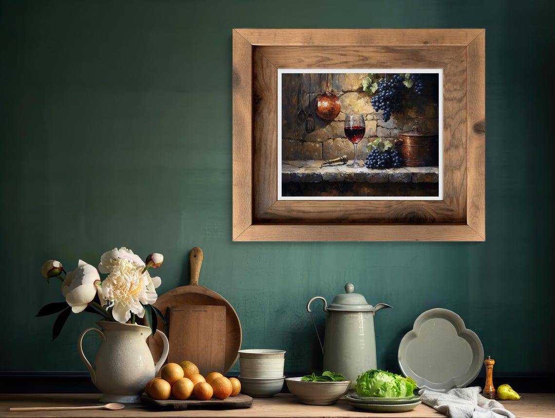 Red Wine Glass And Dark Grapes Copper Pots Rustic Kitchen Poster - Image 2