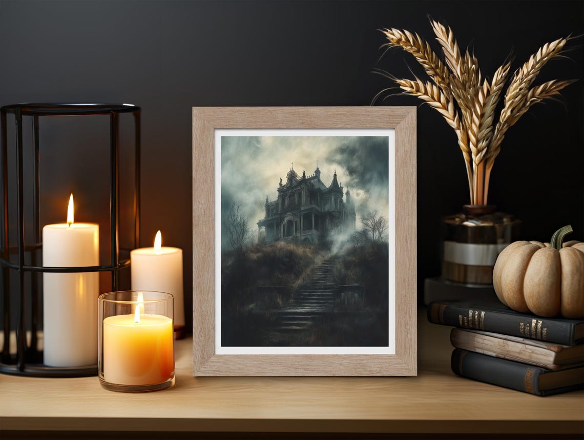 Haunted Gothic Mansion On Foggy Hill Under Dark Stormy Sky Poster - Image 3