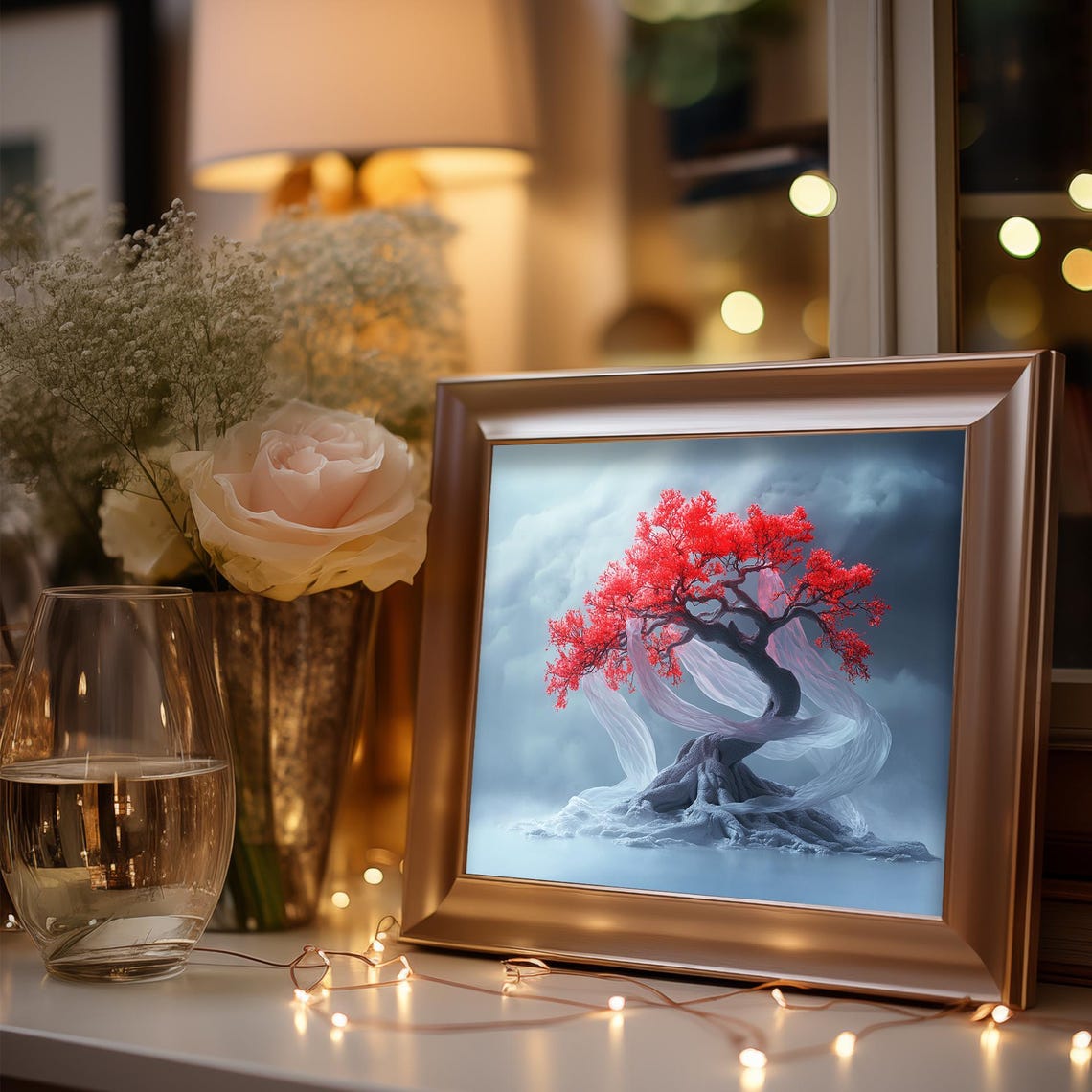 Crimson Leaf Bonsai Tree Wrapped In Flowing White Silk Art Poster - Image 3