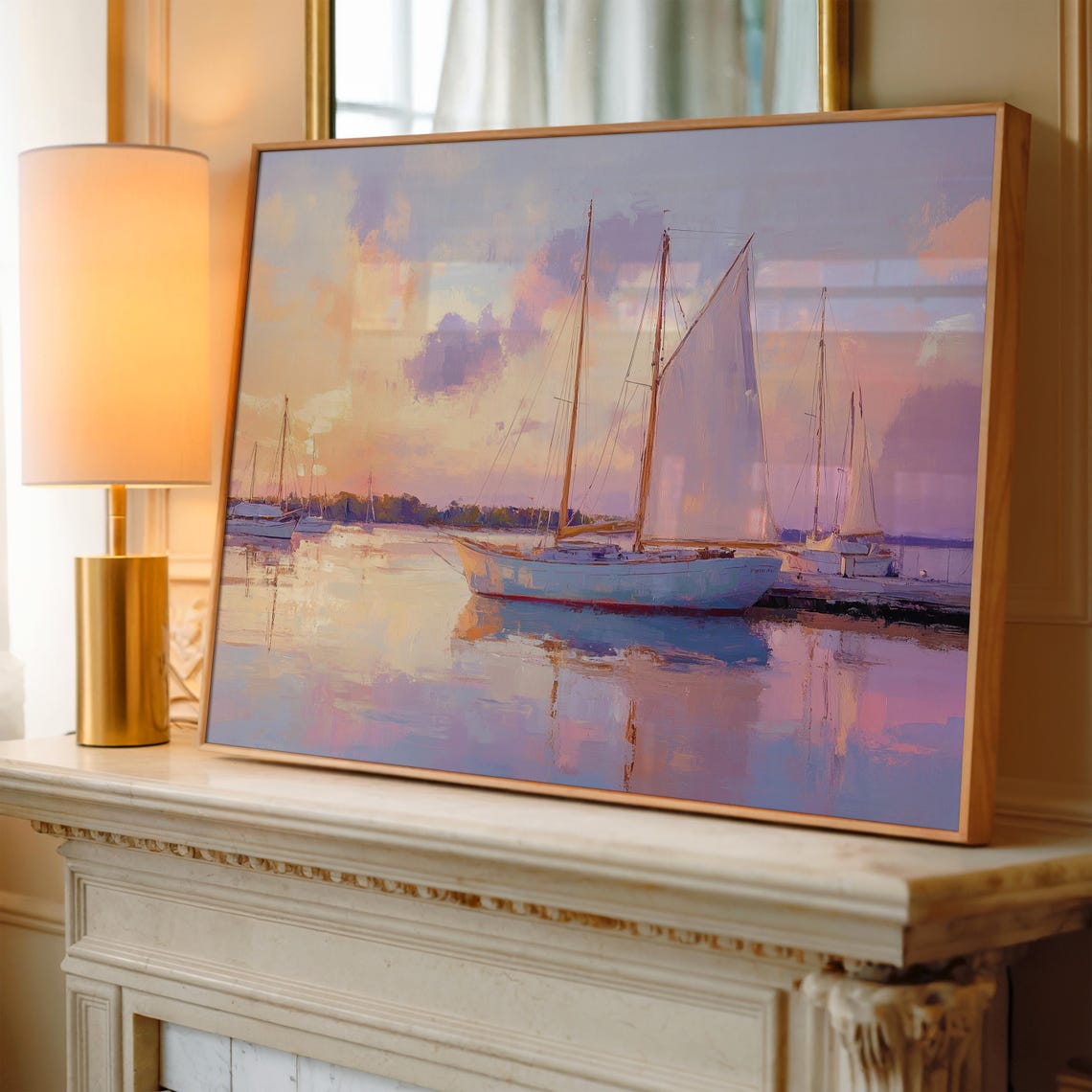 Sailboats At Pastel Sunset Calm Harbor Impressionist Seascape Poster - Image 3