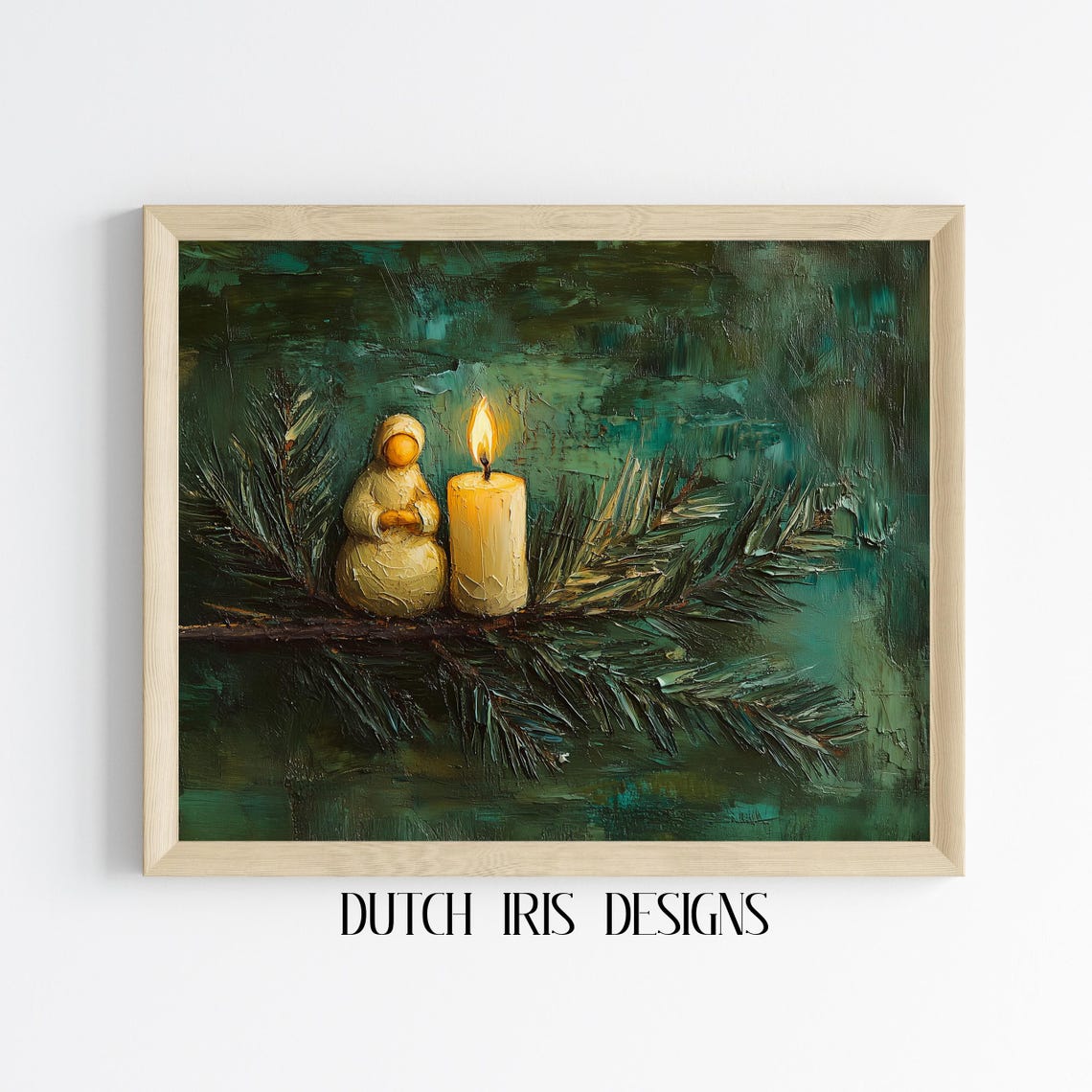 Small Figurine and Glowing Candle on a Pine Branch Night Poster