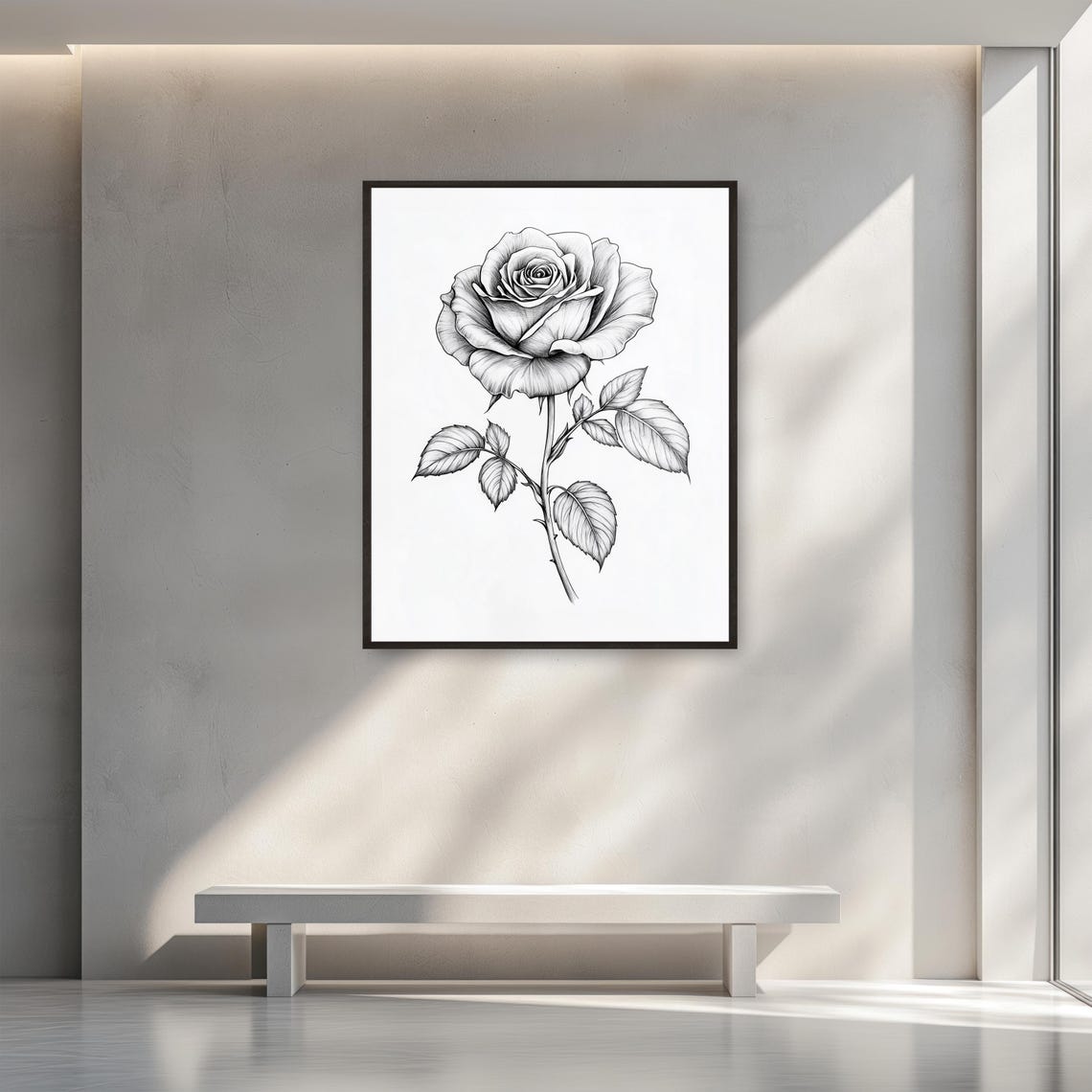 Single Rose Bloom Black Line Drawing Botanical Minimalist Poster - Image 3