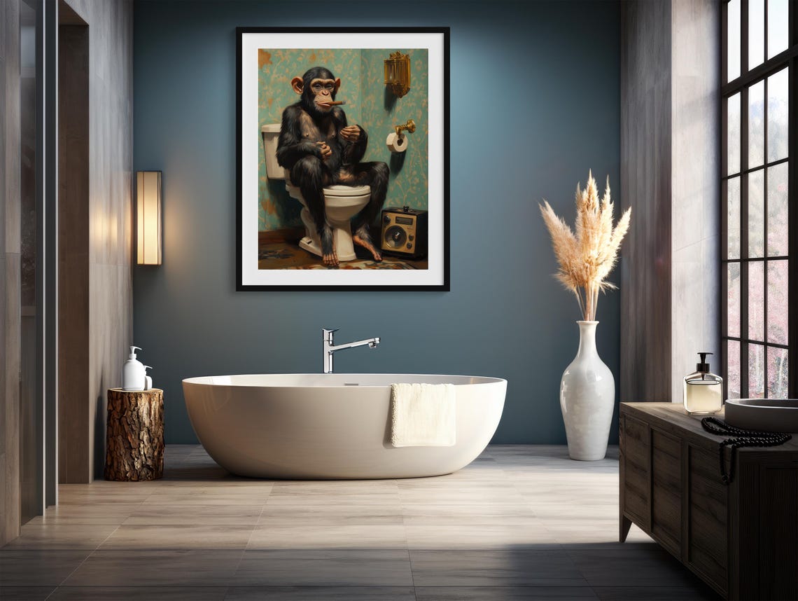 Whimsical Monkey In Bathroom Art Vintage Style Oil Painting Humorous Wall Decor Playful Print 688 - Image 4