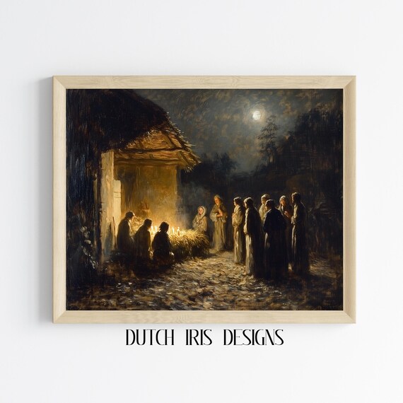 Nativity Scene Manger at Night Lit by Warm Candlelight Poster