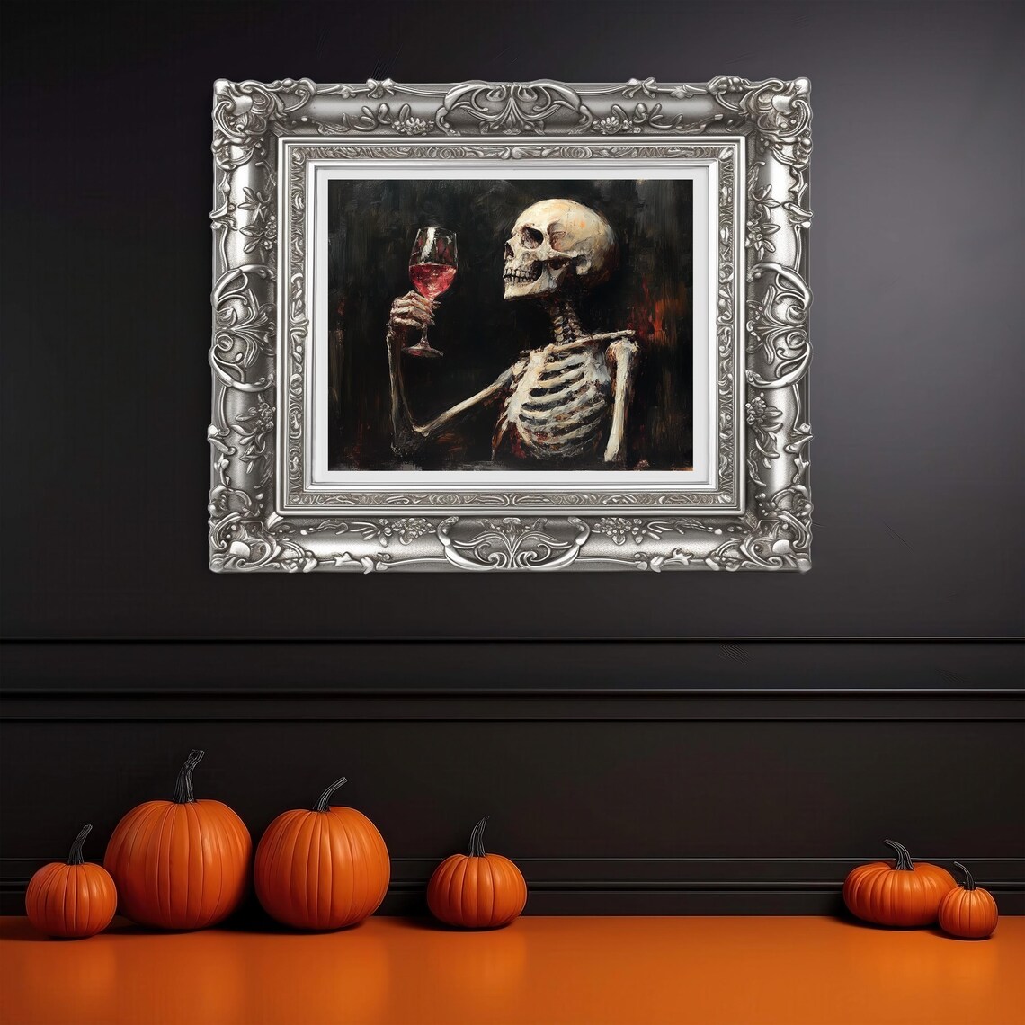 Gothic Skeleton Raising A Glass Of Red Wine Dark Oil Painting Art Poster - Image 3