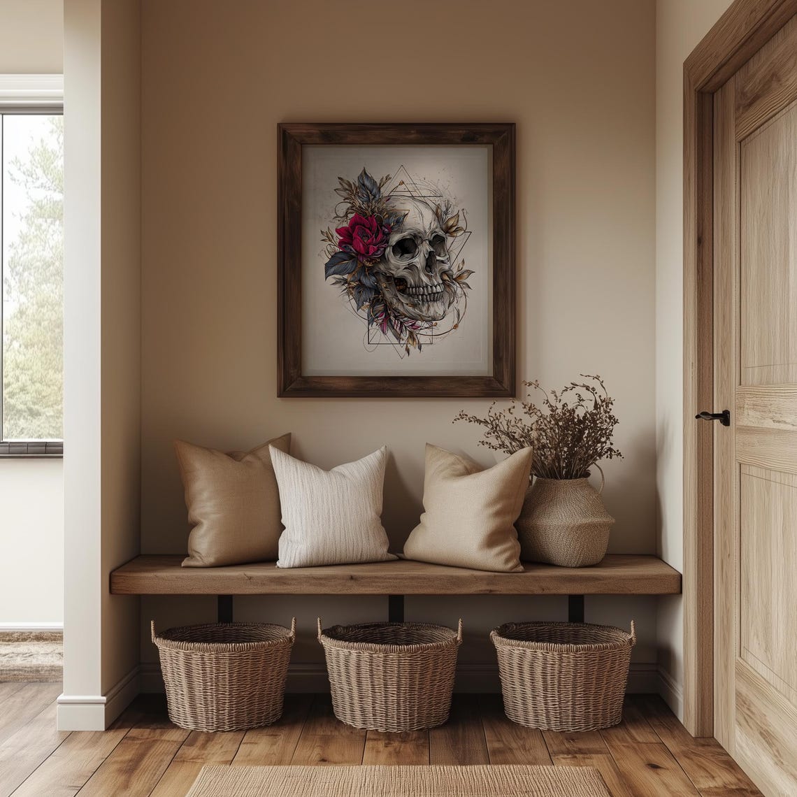 Skull With Red Flower Geometric Line Art Intricate Gothic Skull Poster - Image 4