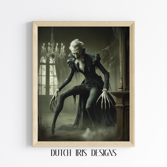 Pale Vampire With Long Claws In Dark Chandelier Hall Horror Poster