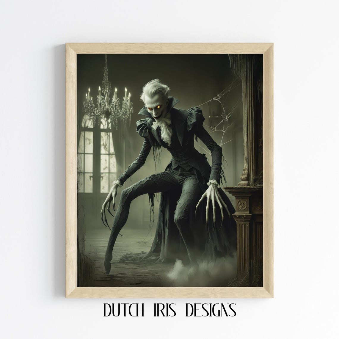 Pale Vampire With Long Claws In Dark Chandelier Hall Horror Poster