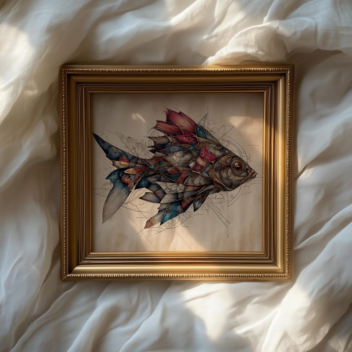 Geometric Mosaic Fish With Red And Blue Scales Surreal Ocean Poster - Image 2