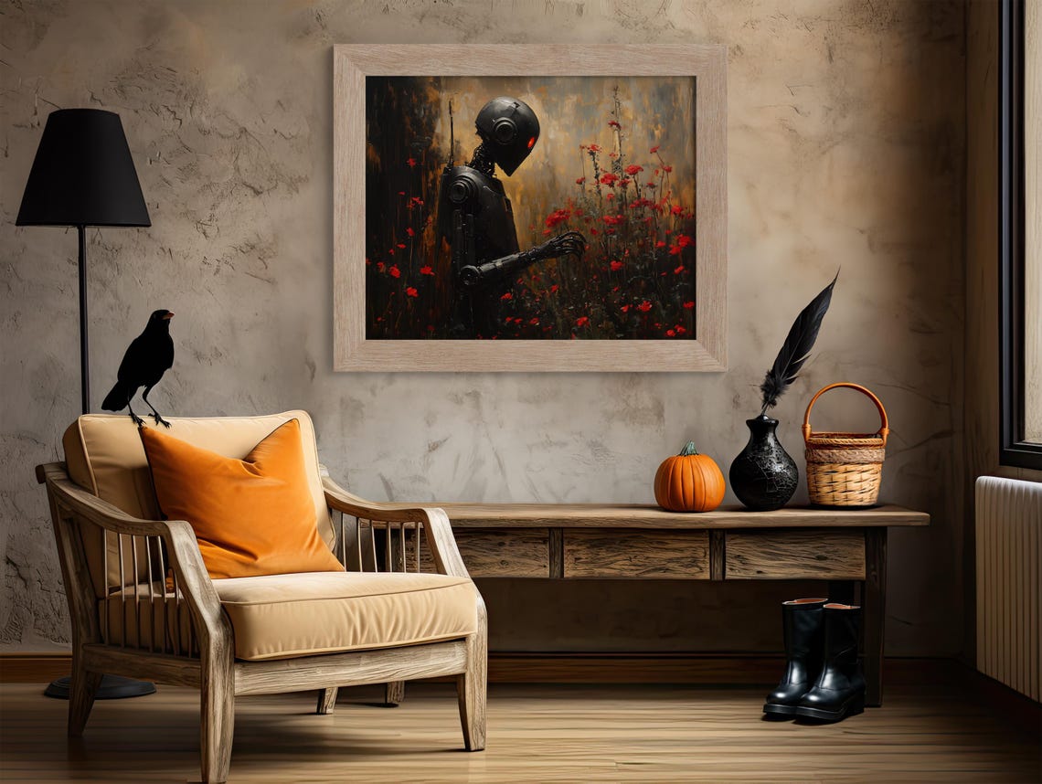 Dark Robot with a Red Eye Standing in a Field of Red Poppies Poster - Image 4