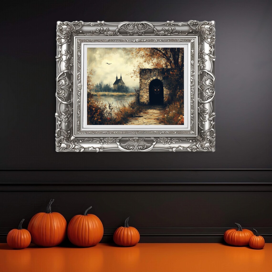 Stone Gate With Glowing Red Eyes By Autumn Lake Gothic Scene Art Poster - Image 3