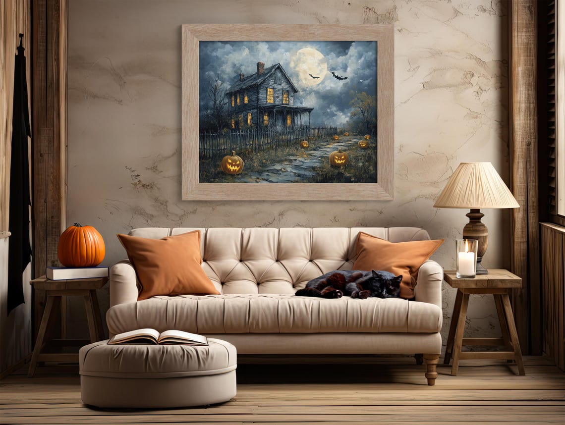 Haunted House Under Full Moon With Jack O Lanterns Bats Poster - Image 2