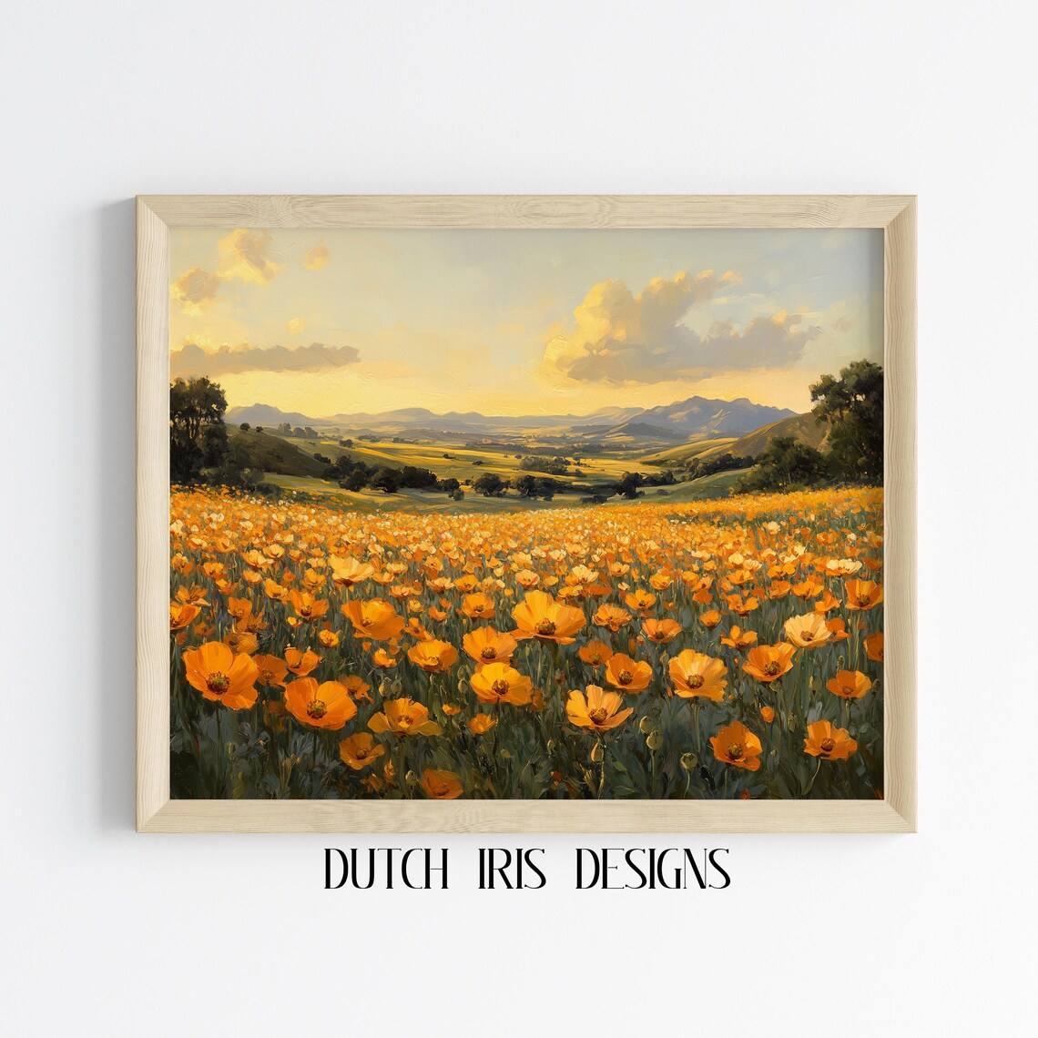 Golden Yellow Poppy Field at Sunset with Distant Mountain Hills Poster