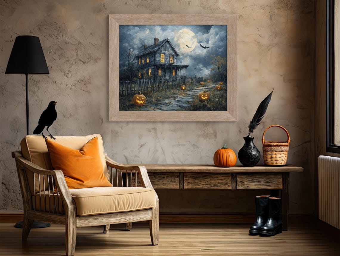 Haunted House Under Full Moon With Jack O Lanterns Bats Poster - Image 4