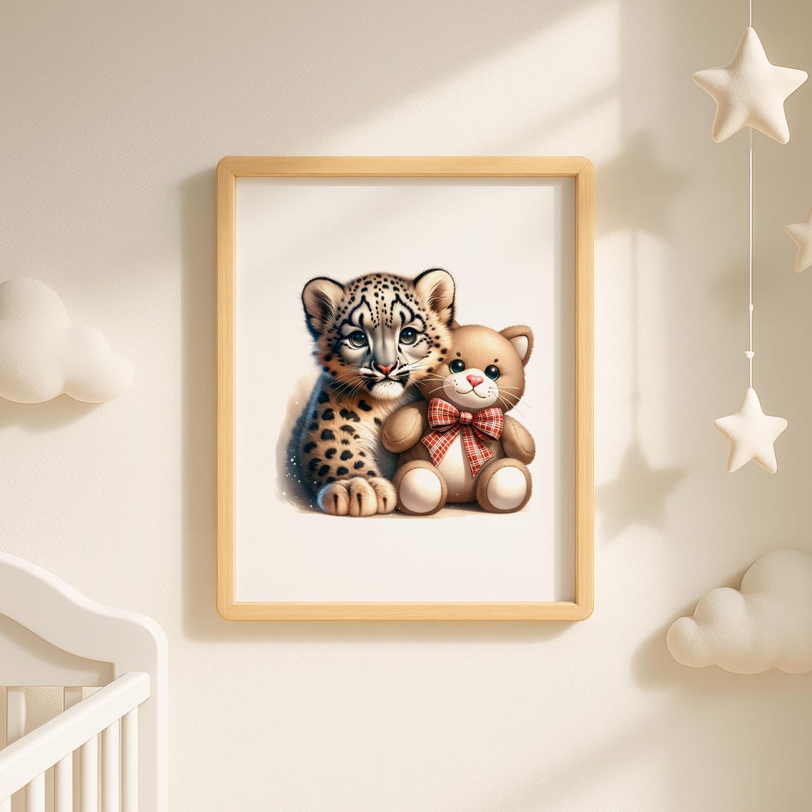 Baby Snow Leopard With Teddy Bear Cute Nursery Safari Poster - Image 2