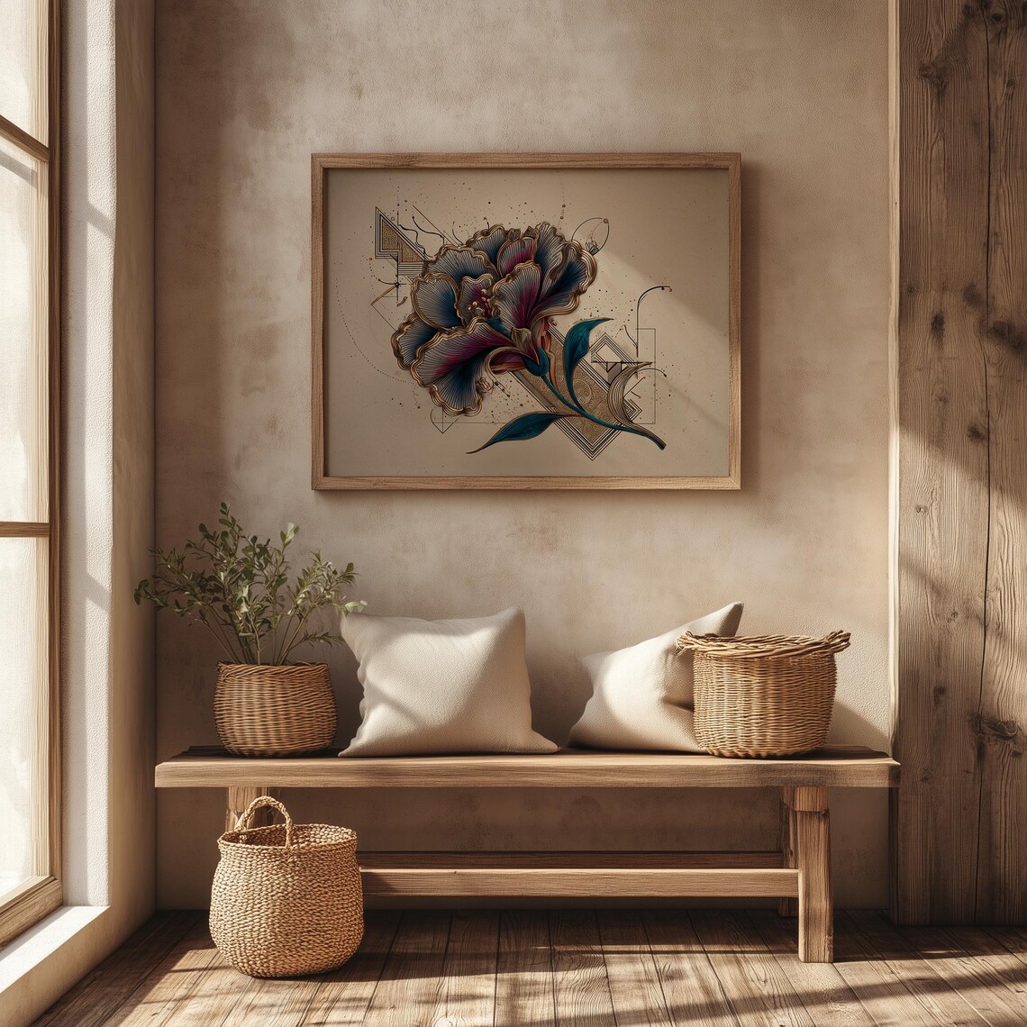 Blue Peony Flower With Gold Geometric Art Deco Botanical Poster - Image 4