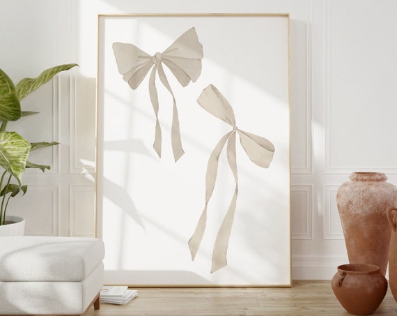 Beige Bow Print Preppy Aesthetic Wall Art Teen Room Decor Preppy Poster White Bow Apartment Decor Neutral Nursery Print Pastel Poster