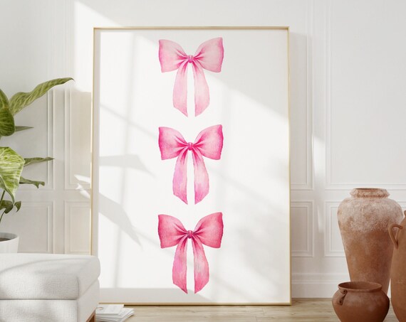Pink Watercolor Bow Trio Vertical Row Minimalist Preppy Girls Wall Art