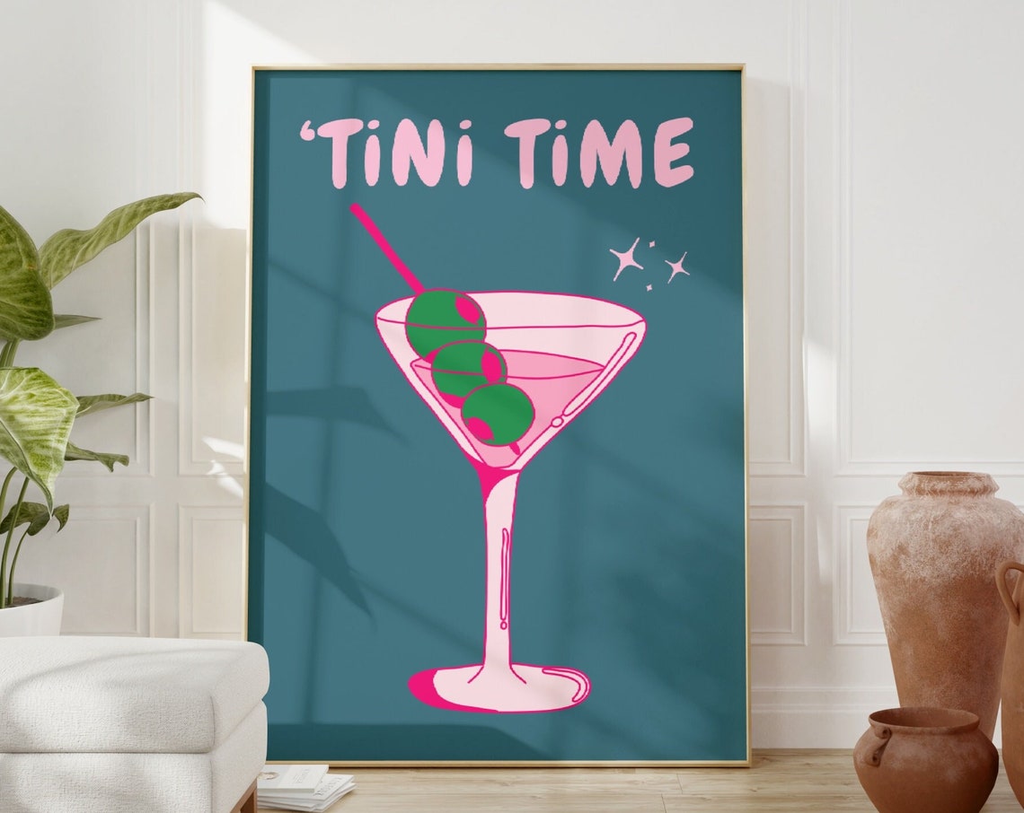 Tini Time Pink Martini Glass Teal Background Retro Cocktail Poster