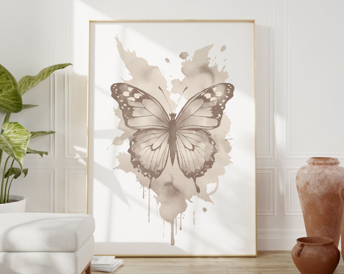 Beige Watercolor Butterfly Neutral Aesthetic Nursery Poster Trendy Room Decor