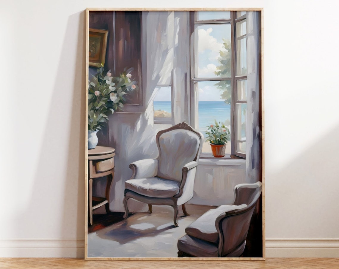 Rustic Interior Armchairs Sea View Window Vintage Oil Painting Poster