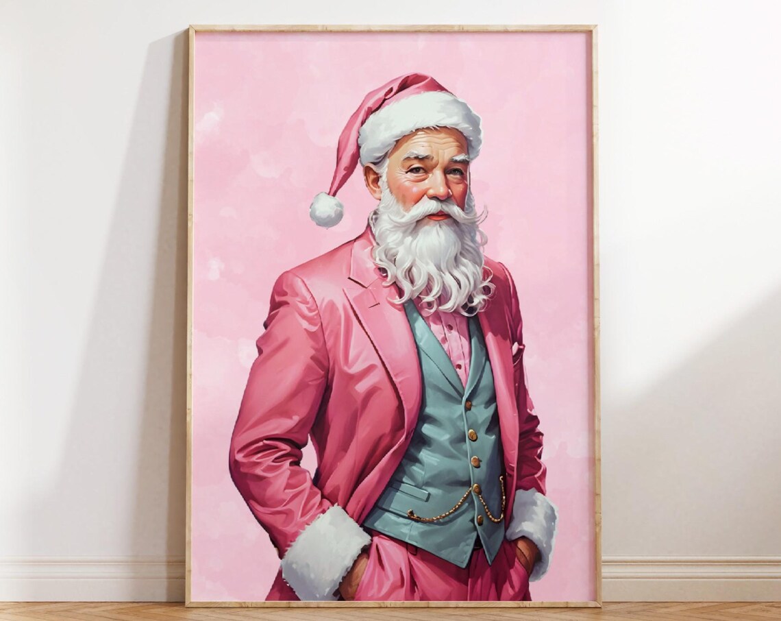 Pink Santa Claus Portrait, Shabby Chic Christmas Art Print