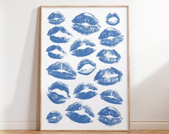 Blue Lipstick Kiss Marks Pattern Cool Fashion Pop Art Poster