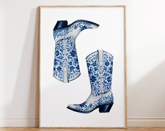 Delft Blue White Floral Cowboy Boots Coastal Western Chic Poster