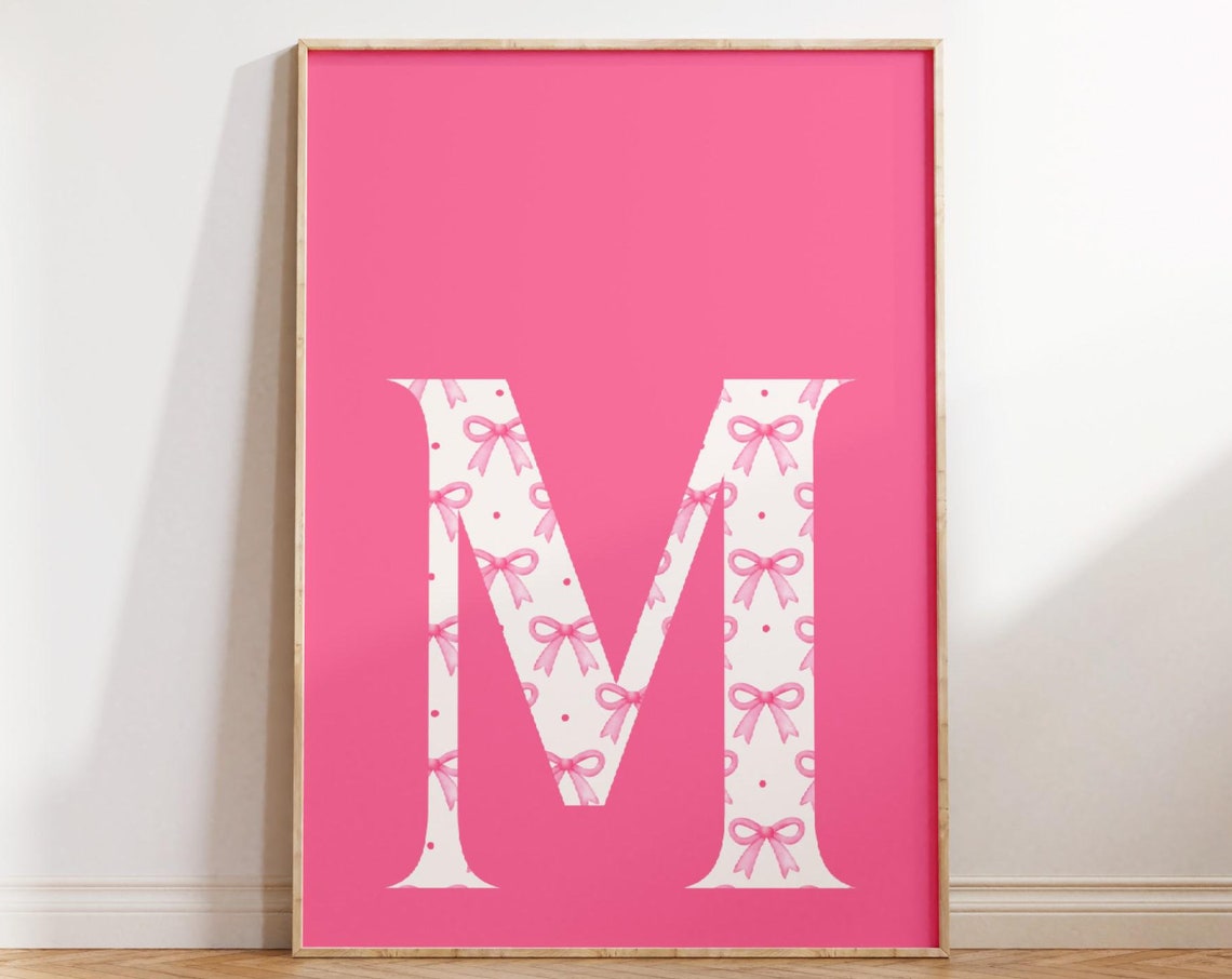 Letter M Initial White Pink Bow Pattern Sweet Monogram Poster