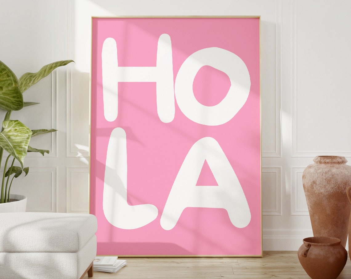 Hola White On Pink Retro Spanish Greeting Trendy Wall Poster