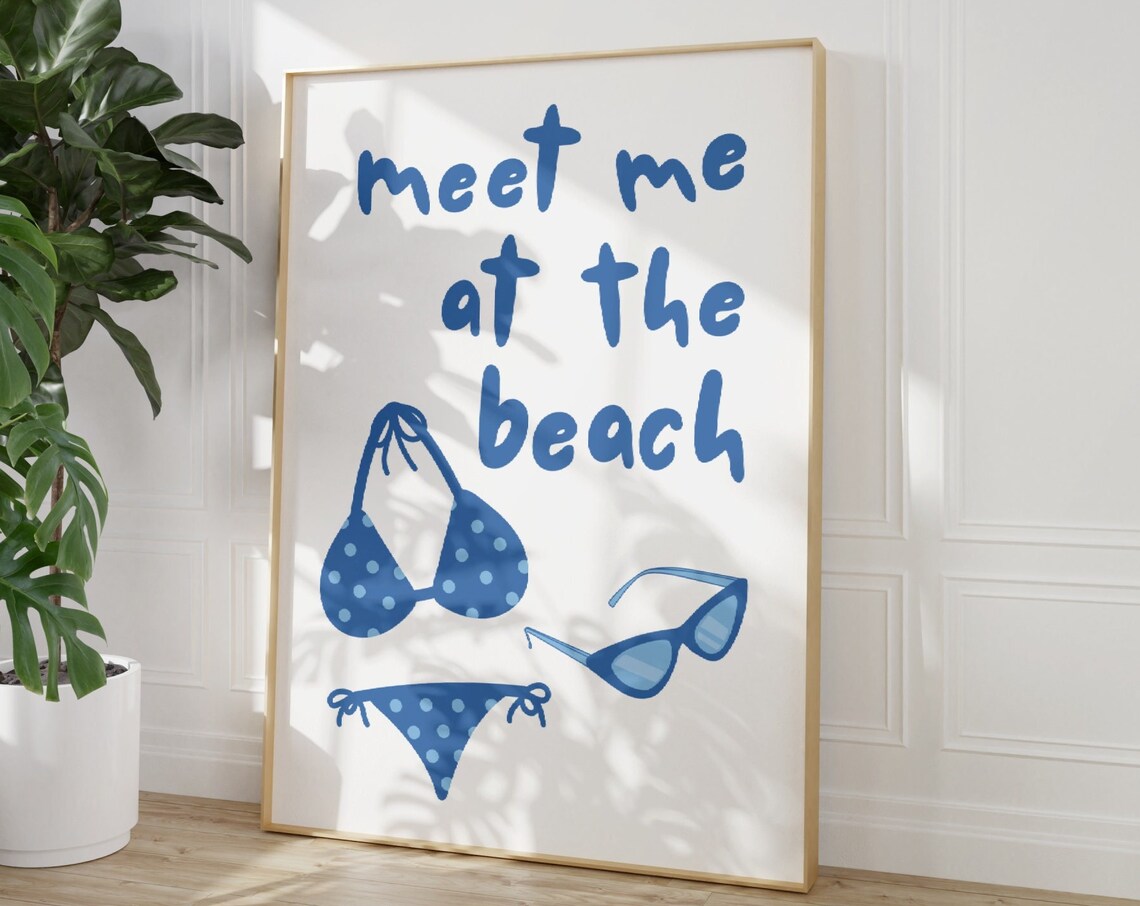 Meet Me at the Beach Blue Bikini Sunglasses Coastal Fun Poster - Image 3