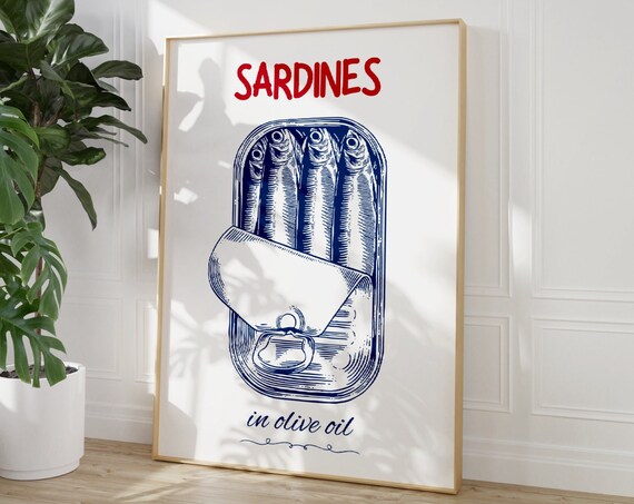 Sardines Tin Print Kitchen Wall Art Sardine Wall Art Dining Room Decor Retro Food Art Vintage Kitchen Decor Fish Poster Seafood Art