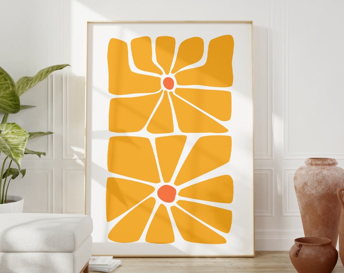 Mustard Yellow Retro Abstract Flowers Boho Botanical Art Poster