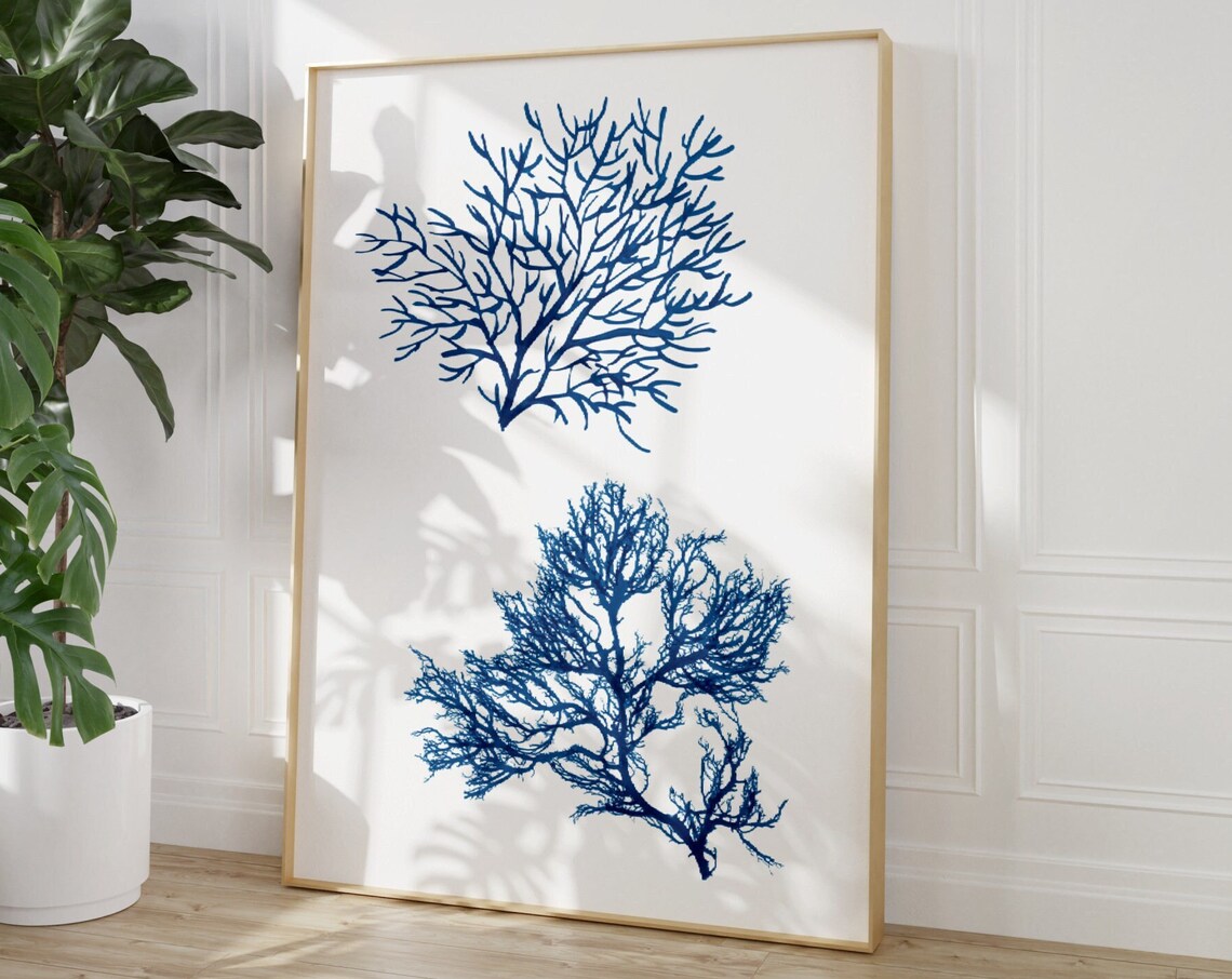 Blue Coral Silhouette Poster Sea Life Nautical Beach House Decor - Image 3